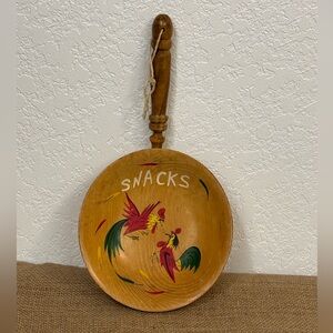 Vintage Mid Century Wooden Hanging Handled Snack Bowl Fighting Roosters Japan